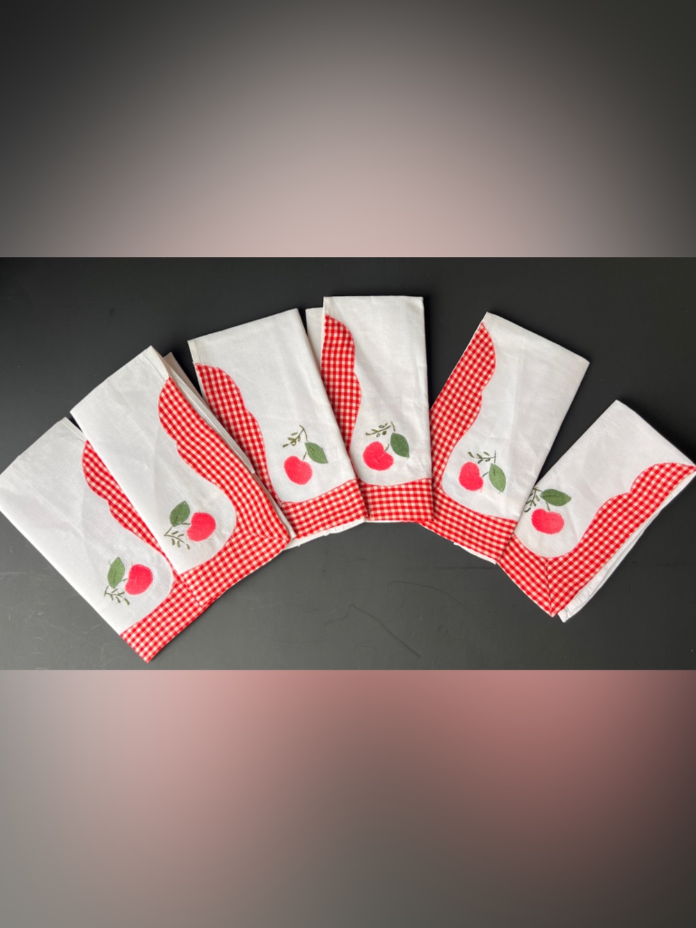 6 Beautiful Handmade Red White Gingham Cherry Linen Blend Napkins Textile